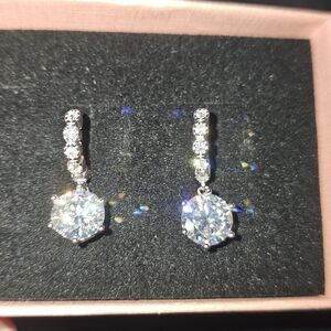 Certified Moissanite Solid Silver 4CT Closed Back Huggies Dangle Earrings‎ NWT
